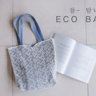Lace Overlay Denim Shopper Bag
