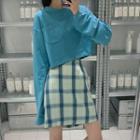 Pocket Detail Long-sleeve T-shirt / Plaid Mini Straight-fit Skirt