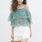 Printed Cold Shoulder Elbow-sleeve Chiffon Blouse