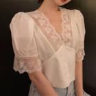 Lace Panel V-neck Puff-sleeve Cropped Blouse White - One Size