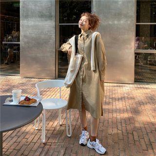 Long-sleeve Midi Plain Shirtdress Khaki - One Size