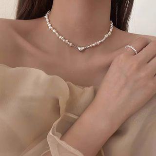 Heart Pendant Faux Pearl Necklace Necklace - Silver & Off-white - One Size
