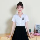 Short-sleeve Badge Embroidered Shirt / Pleated A-line Skirt