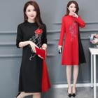 Flower Embroidered Two-tone Long-sleeve Shift Dress