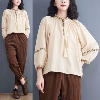 Patterned Tie Neck Blouse Almond - One Size