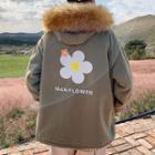 Flower Print Furry Trim Hooded Padded Jacket