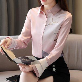 Crane Print Panel Chiffon Shirt