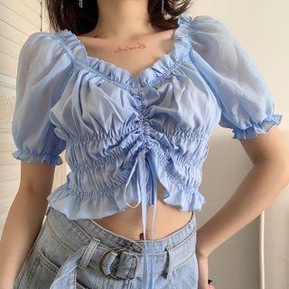 Short-sleeve Frill Trim Crop Top Blue - One Size