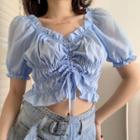 Short-sleeve Frill Trim Crop Top Blue - One Size