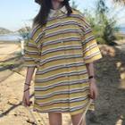 Striped Elbow-sleeve Buttoned Top