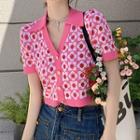 Short-sleeve Flower Print Cropped Cardigan