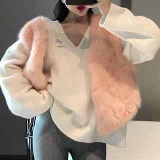 V-neck Sweater/ Furry Open-front Vest/ Plain Leggings