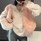 V-neck Sweater/ Furry Open-front Vest/ Plain Leggings