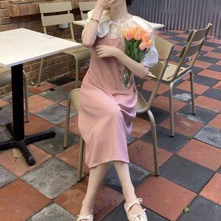 Short-sleeve Peter Pan Collar Plain Shirt / Plain Spaghetti-strap Midi Dress