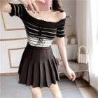 Striped Drawstring Off-shoulder Short-sleeve T-shirt / Mini Pleated Skirt / Set