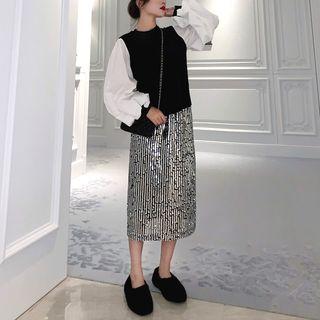 Color-block Long-sleeve Top / Sequined Skirt
