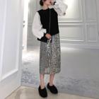 Color-block Long-sleeve Top / Sequined Skirt