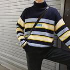 Mock Turtleneck Letter Applique Striped Sweater