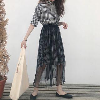 Set: Plaid Elbow Sleeve Shirt Dress + Maxi Mesh Skirt