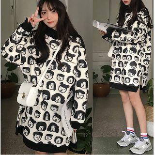 Mock-neck Face Print Long Sweatshirt