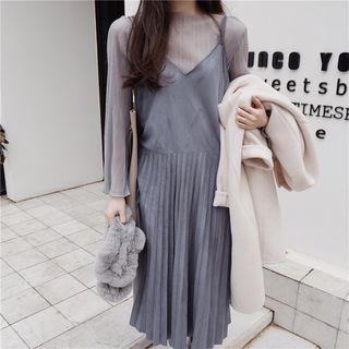 Set: Sheer Long-sleeve Top + Pleated Strappy Dress