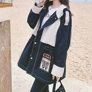 Two-tone Butterfly Embroidered Hooded Trench Jacket