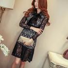 Bow Long-sleeved V-neck Cutout Plain Slim Lace Sheath Dress