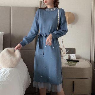 Set: Beaded Long-sleeve Midi Knit Dress + Mesh Skirt