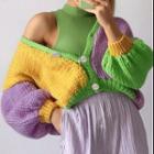 Puff Sleeve Color-block V-neck Loose-fit Cardigan