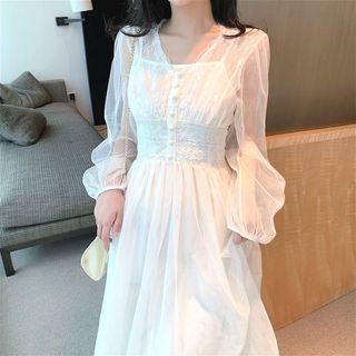 Set: Slipdress + Lace Panel Long-sleeve Mesh Midi A-line Dress