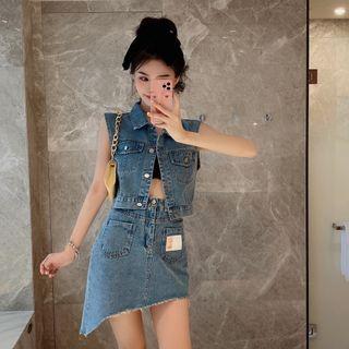 Pocket Detail Button Denim Vest / Irregular Hem Mini Skirt