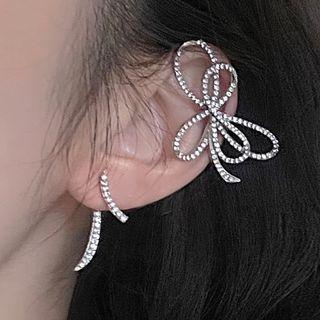Bow Rhinestone Alloy Cuff Earring 1 Pair - 2488a - Cuff Earring - Rhinestone & Silver Pin - Silver - One Size