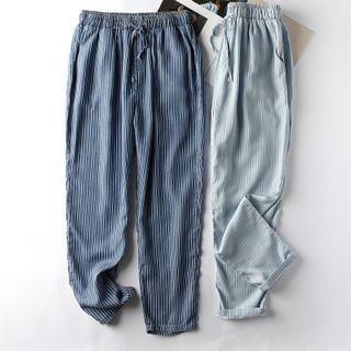 Drawstring-waist Pinstriped Straight-cut Cropped Jeans