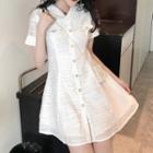 Striped Short-sleeve Faux Pearl Button A-line Dress