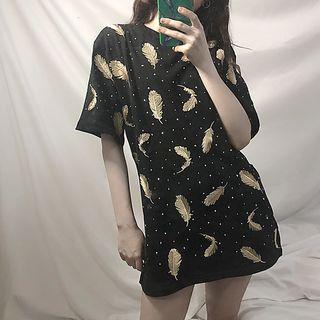 Feather Embroidered Short-sleeve Long T-shirt