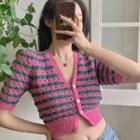 Short-sleeve Knit Top Striped - Pink & Green - One Size