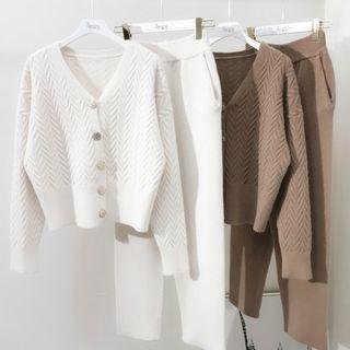 Set : Cable Knit Cardigan + Plain Knit Pants