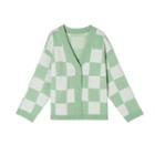 Checkerboard Pattern Cardigan Check - White & Light Green - One Size