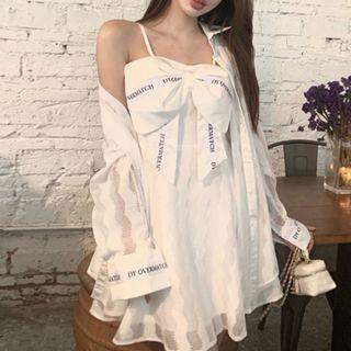 Spaghetti Strap Bow-front Mini A-line Dress / Striped Shirt