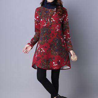 Print Long Sleeve Turtleneck Quilted Dress