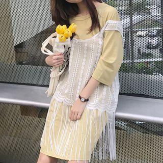 Set: Sleeveless Sheer Top + 3/4-sleeve Dress