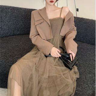 Cropped Blazer / Spaghetti Strap Mesh Maxi Dress