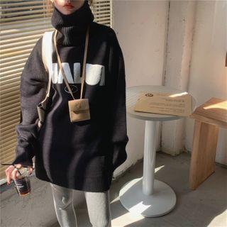 High-neck Lettering Knit Sweater Black - One Size