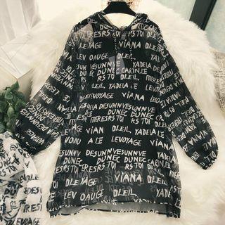 Set: Long-sleeve Lettering Sheer Hooded Dress + Slipdress