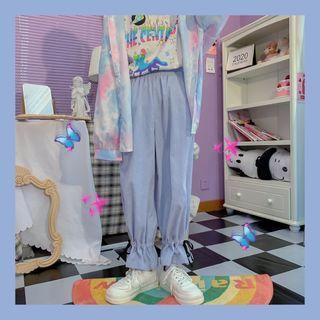 Drawstring-cuff Straight-cut Pants Light Blue - One Size