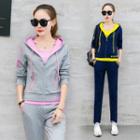 Set Of 3: Printed Top + Hooded Zip Jacket + Lettering Pants
