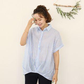 Shirred-trim Striped Shirt