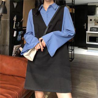 Bell-sleeve Plain Shirt / V-neck Tank Dress