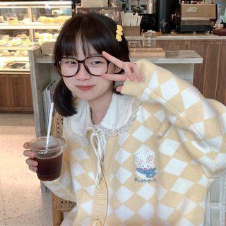 Embroidered Rabbit Argyle Cardigan