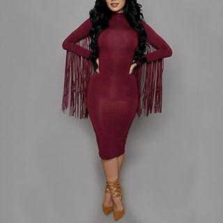 Fringed Long-sleeve Mock Neck Dress